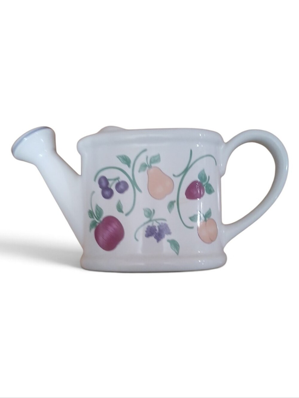 Princess House White Ceramic Watering Can with Fruit Motif